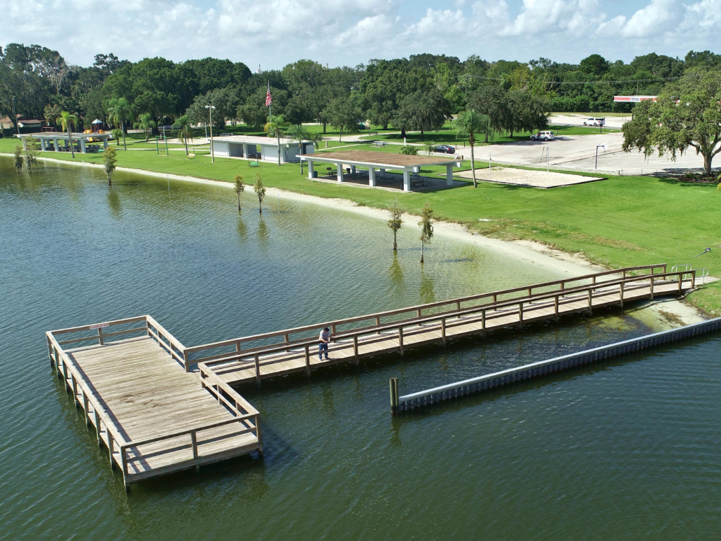 Aerial view of the fishing dock and park at Lake Ariana